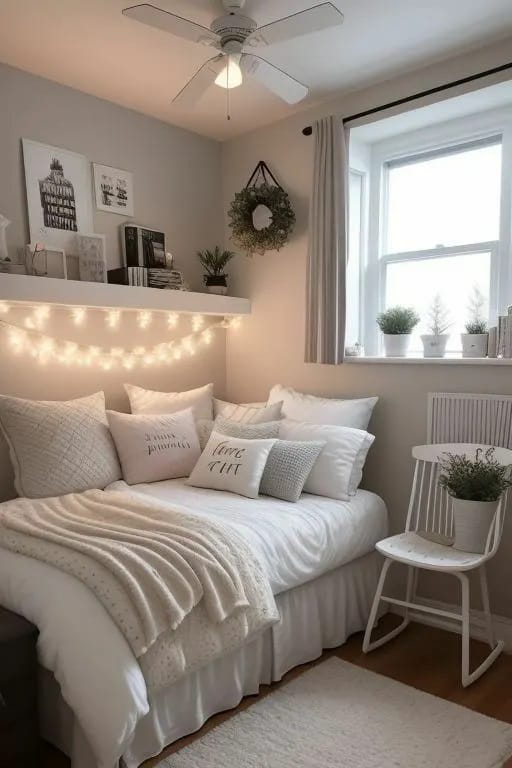 A cozy bedroom nook with soft lighting, white bedding, and pillows.