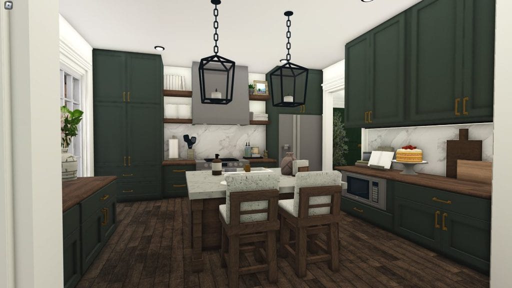 A traditional Bloxburg kitchen with detailed cabinetry, open shelving, and beach-inspired elements.