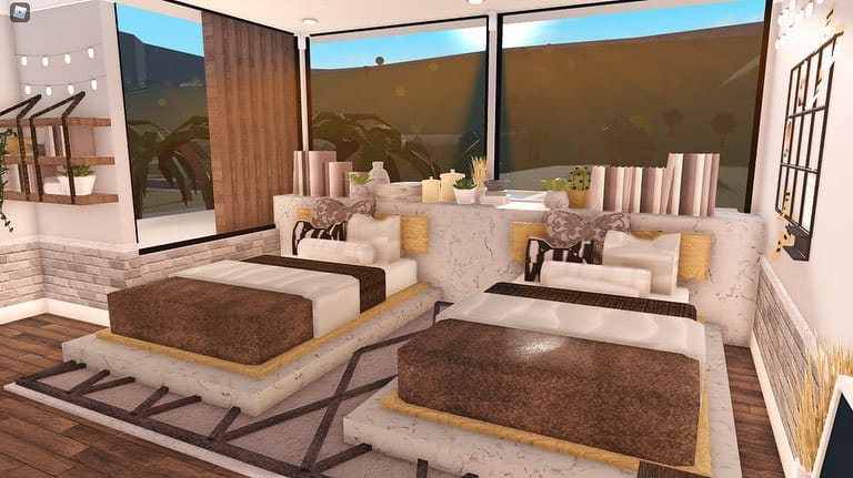 A modern twin bedroom with two platform beds, neutral tones, large windows, and chic decor elements.