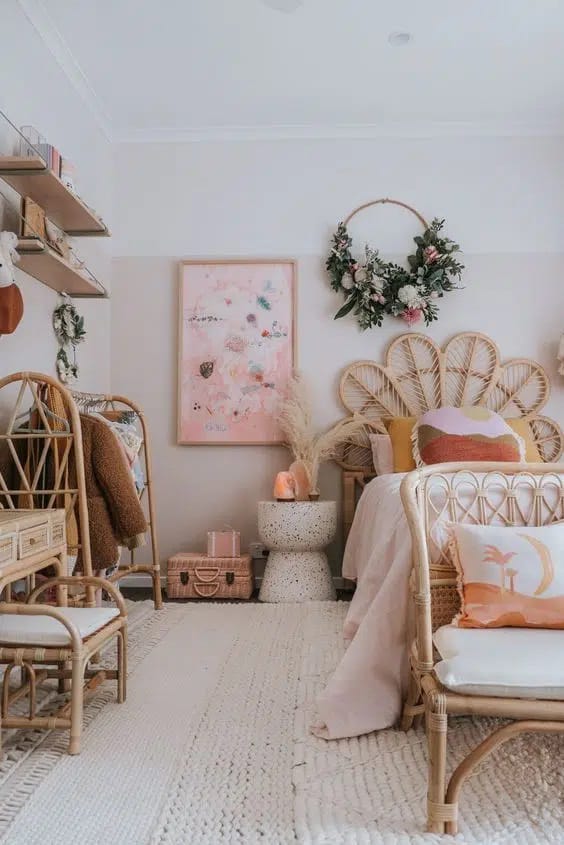 Bedroom with a rattan bed frame, pastel colors, and a cozy, serene atmosphere.