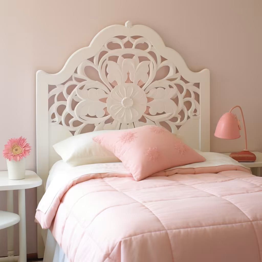 A bedroom with a delicate carved headboard, pink tones, and soft lighting creating a feminine charm.