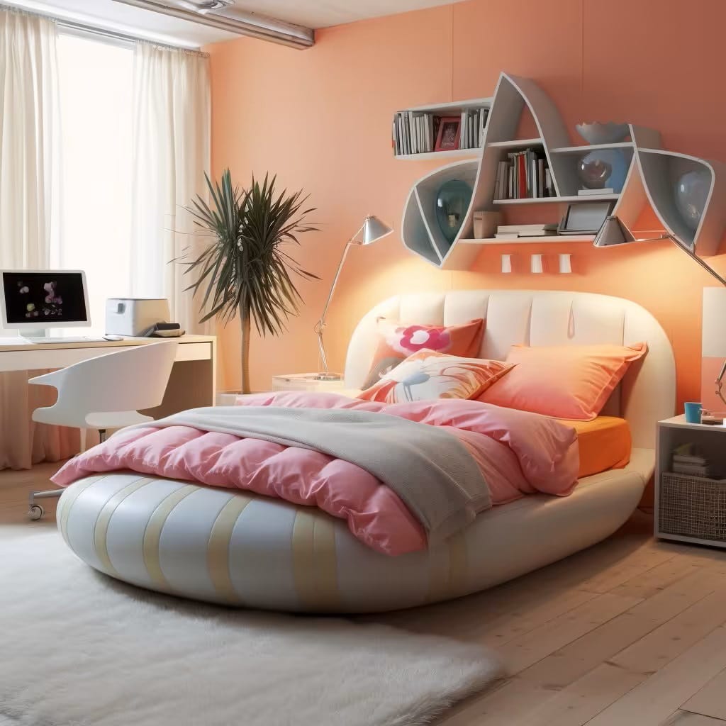 Modern bedroom with peach and pink bedding, geometric wall shelves, and a study desk.