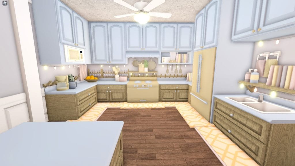 A cozy Bloxburg kitchen with soft pastel tones, natural wood accents, and a coastal-inspired design.