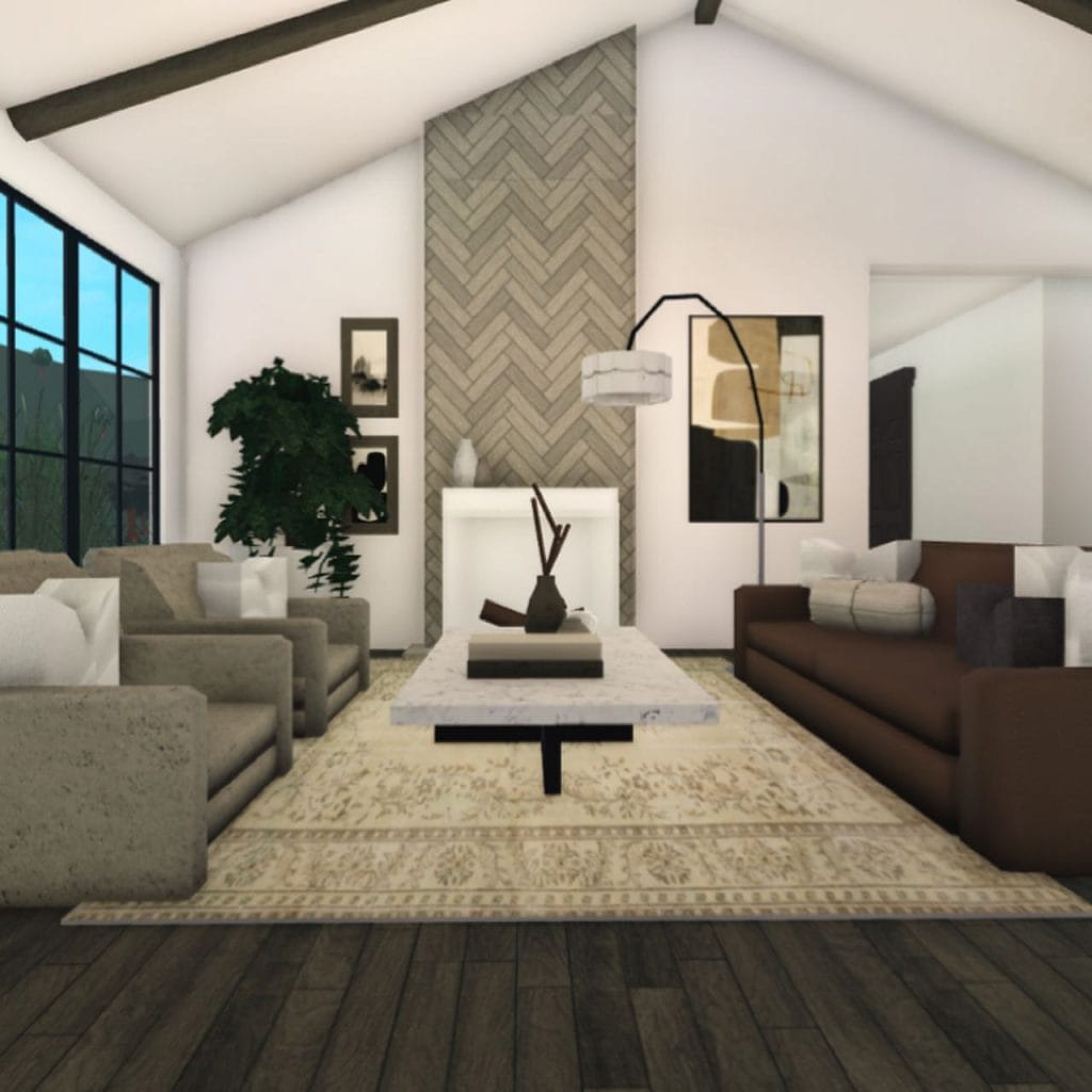 Transitional Bloxburg living room with neutral tones, herringbone fireplace, and exposed beams.