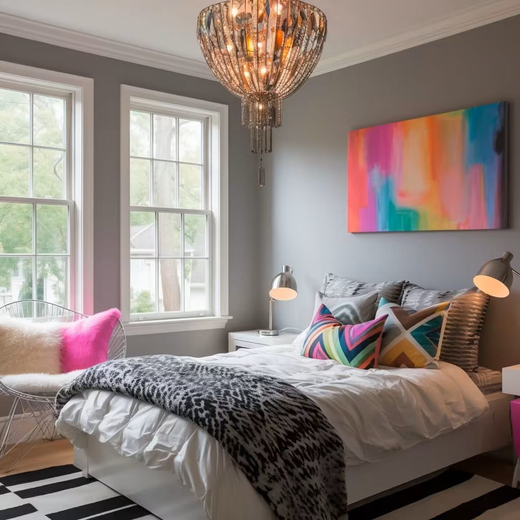 Gray bedroom with bright pink accents, a chandelier, and colorful artwork.