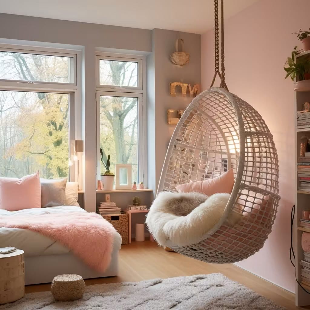 Bedroom with large windows, a cozy swing chair, and soft pink bedding.