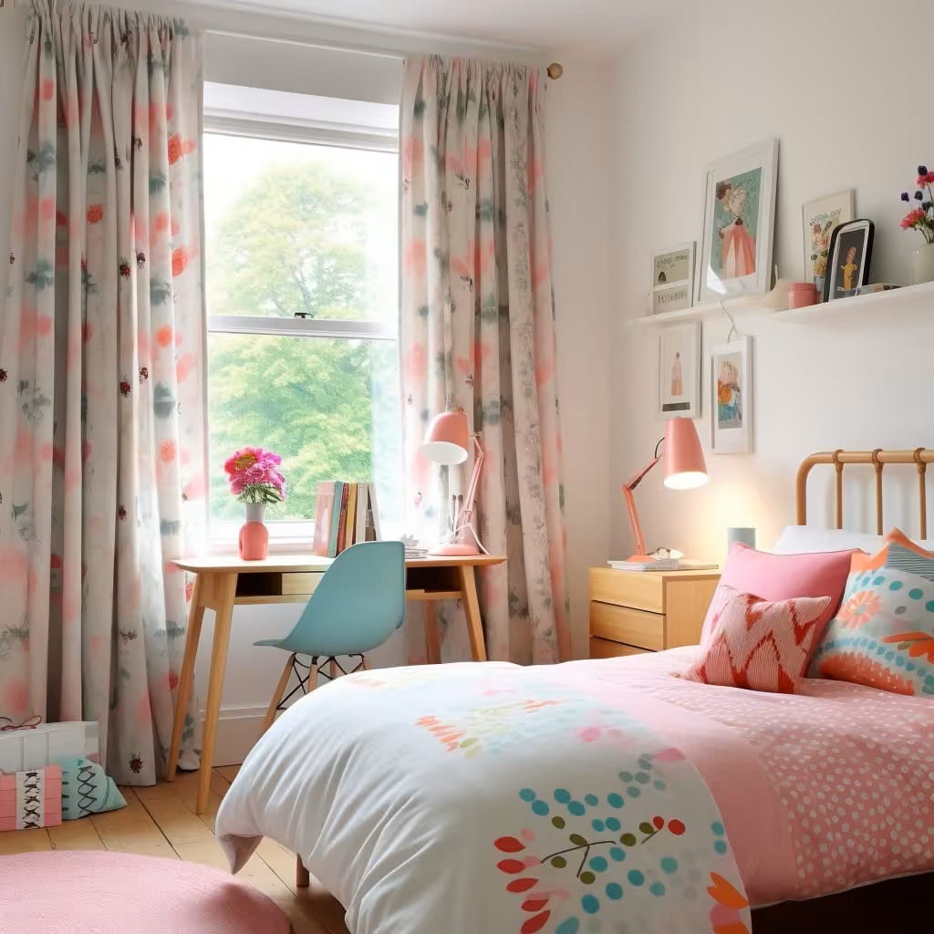 Pastel bedroom with floral decor and a minimalist study area.