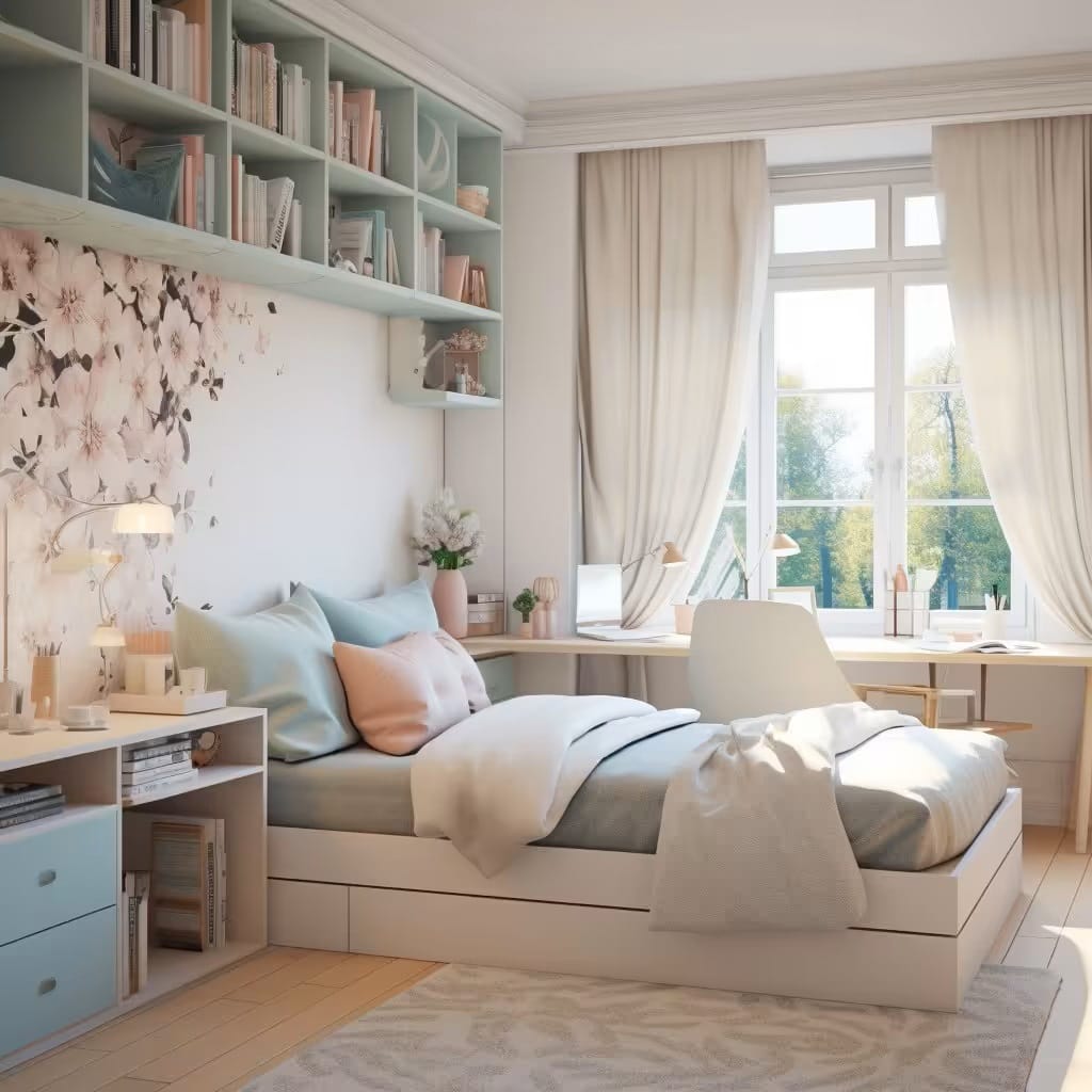 Chic pastel bedroom with built-in storage, workspace, and cozy bedding.