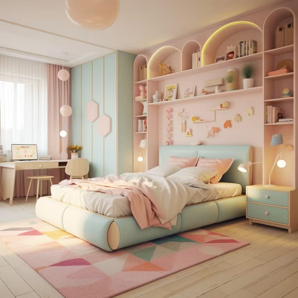 A pastel-themed bedroom with pink and black decor, a unique bed frame, and integrated storage solutions.