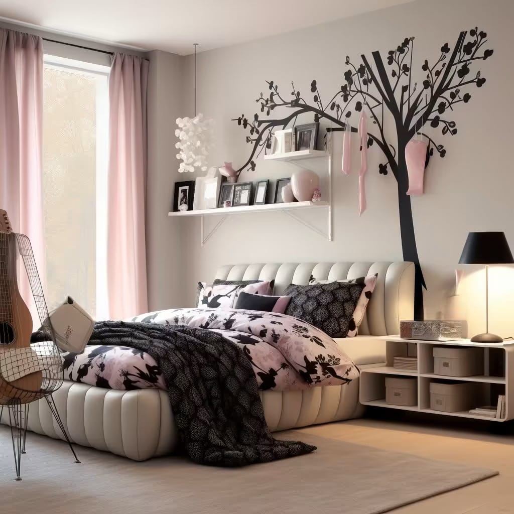 A nature-inspired bedroom with a tree decal on the wall, plush bed, and soft pink accents.