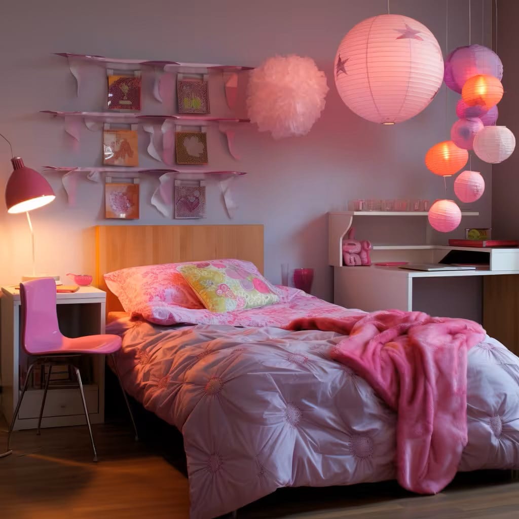 A bedroom with hanging pink paper lanterns, bright colors, and simple furniture.