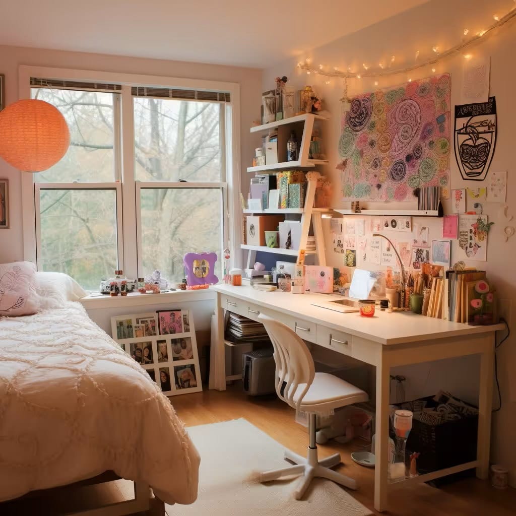 A creative workspace with a desk surrounded by drawings, string lights, and personal decor.