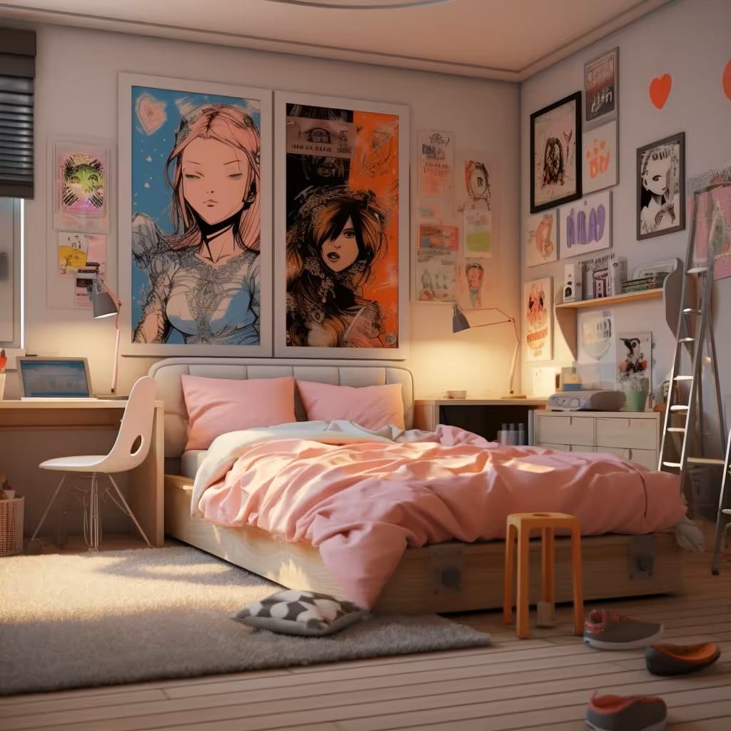 An anime-themed bedroom with colorful posters, a comfy bed, and ample desk space.