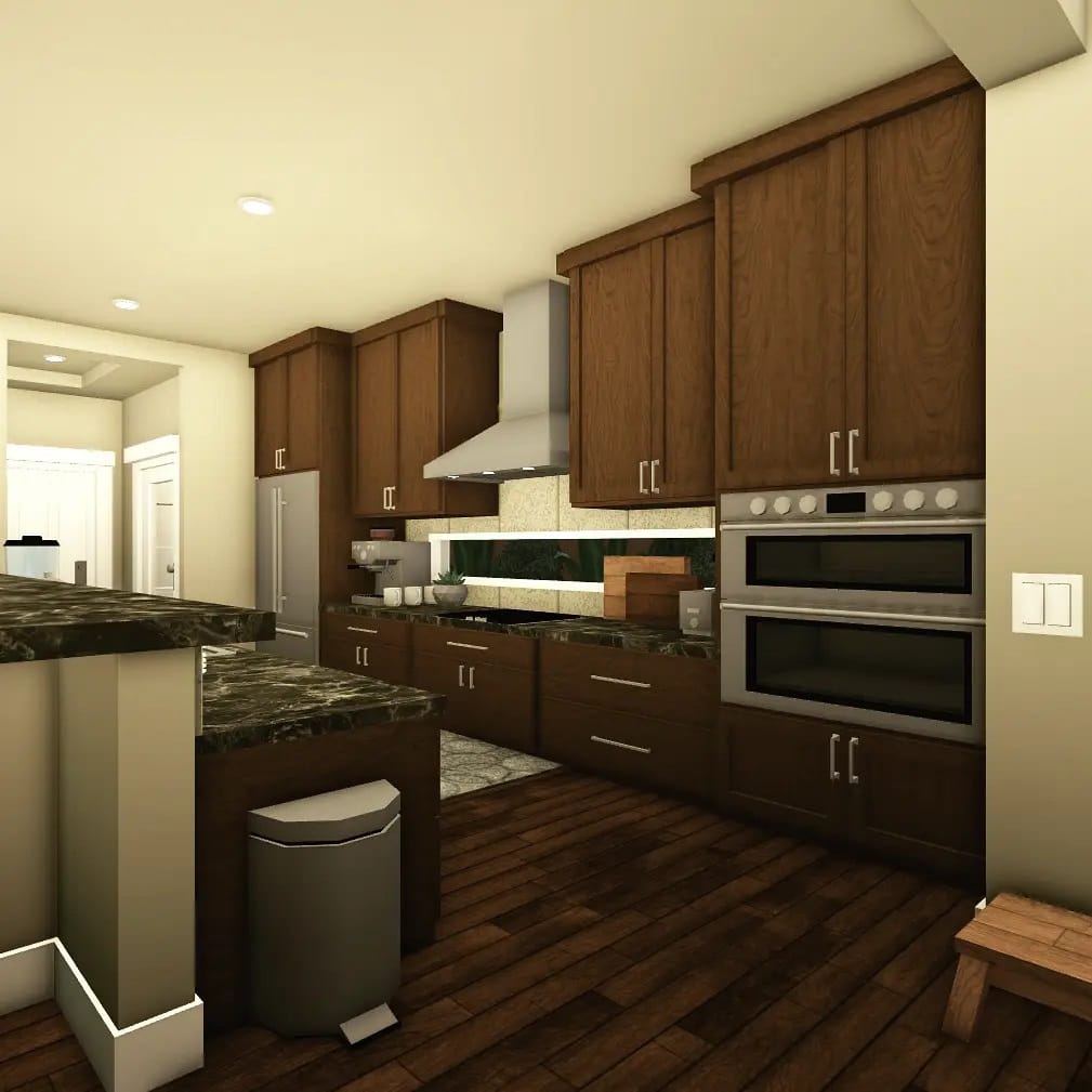 A contemporary Bloxburg kitchen with rich wood cabinetry, dark marble countertops, and modern appliances.