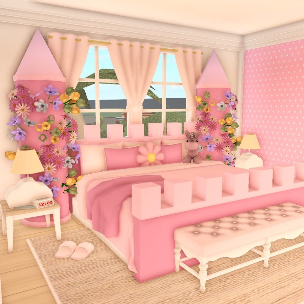 A castle-themed bedroom with a pink and floral decor, castle-shaped bed, floral garlands, and whimsical accessories.