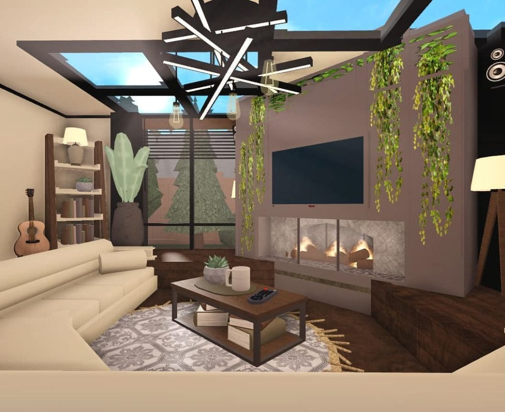 Modern Bloxburg living room with skylight ceiling, sectional sofa, and hanging plants.