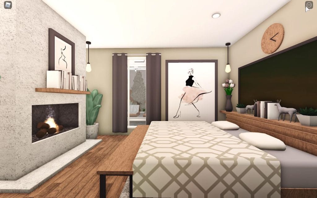 A modern bedroom with a neutral color scheme, fireplace, stylish wall art, and a comfortable bed.