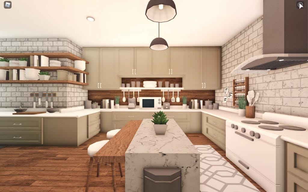 A Bloxburg kitchen with a brick accent wall, open shelving, and a blend of wood and white cabinetry.