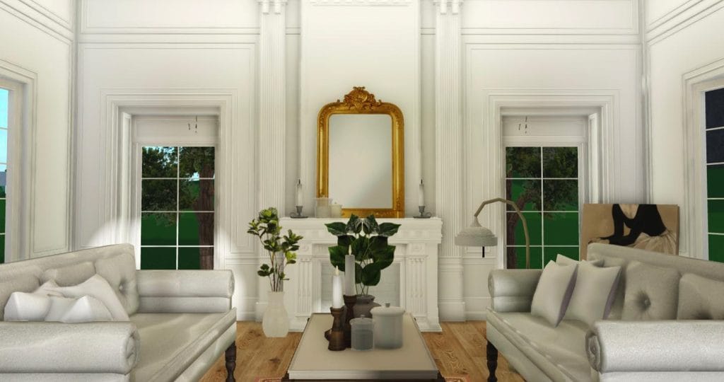 Elegant Bloxburg living room with Parisian style, tall windows, and gilded mirror.