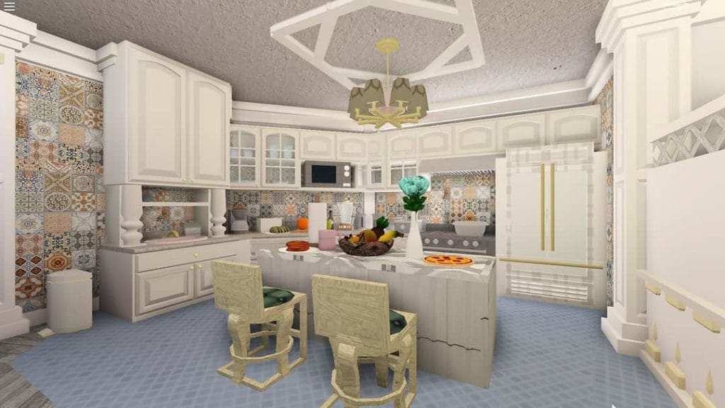 A Bloxburg kitchen with a colorful mosaic tile backsplash, central island, and stylish lighting.