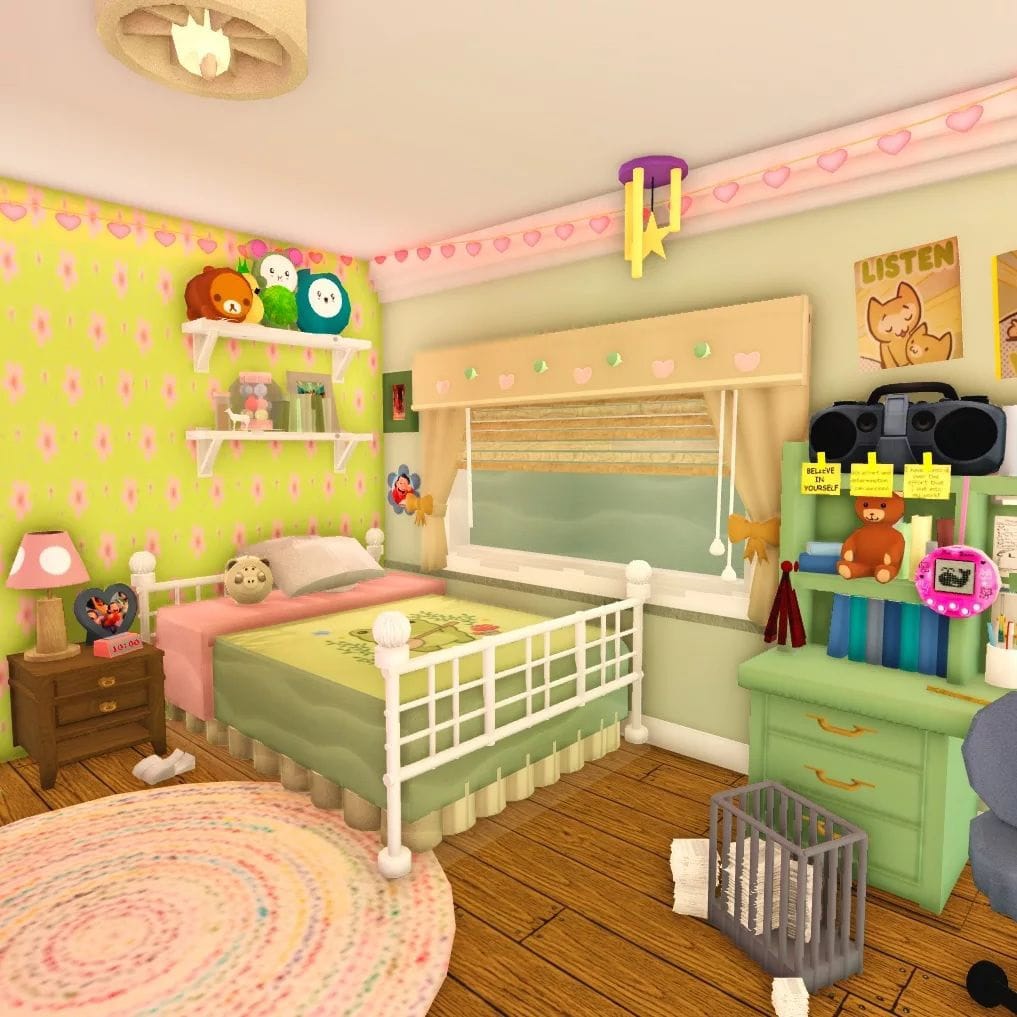 A colorful kids' bedroom with cute stuffed animals, cheerful wall mural, and fun decorative elements.