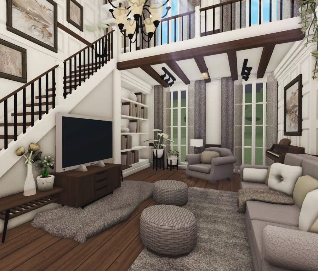 Cozy Bloxburg living room with modern and rustic decor, high ceiling, and family-friendly design.