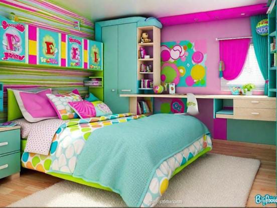 A bedroom with pop art-inspired decor, featuring a vibrant color palette and bold patterns.