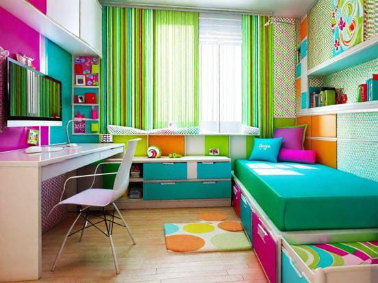 A bedroom with bright striped walls, colorful bedding, and coordinated decor elements.