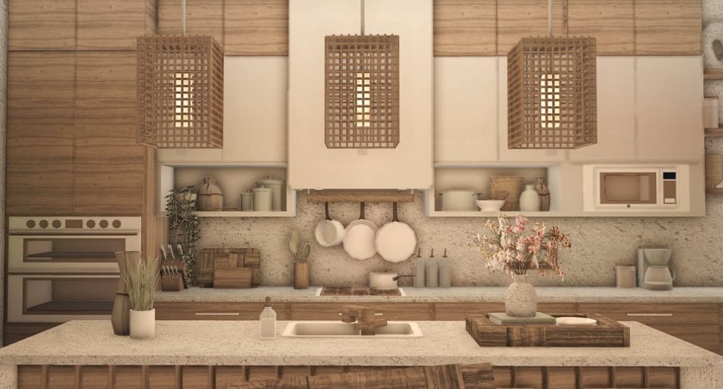 A Japandi-style Bloxburg kitchen with natural wood tones, minimalist decor, and soft lighting.