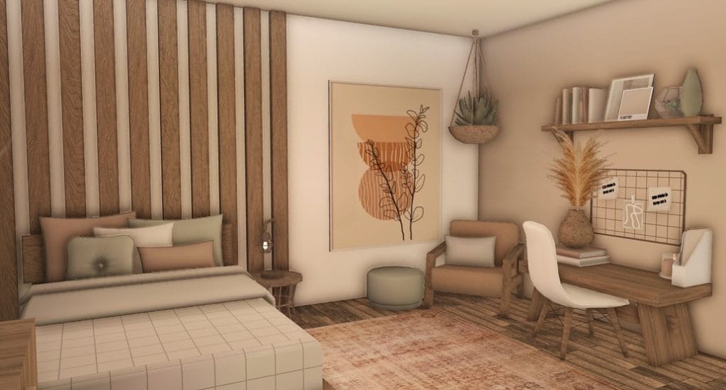 A Scandinavian-inspired bedroom with natural wood elements, neutral colors, and a cozy work area.