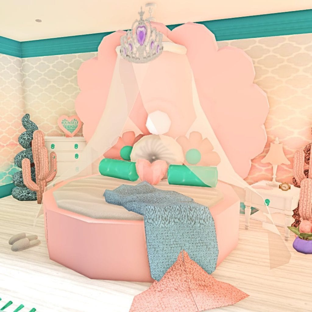 A playful bedroom with a seashell bed, pastel colors, and aquatic-themed decor, inspired by the ocean.