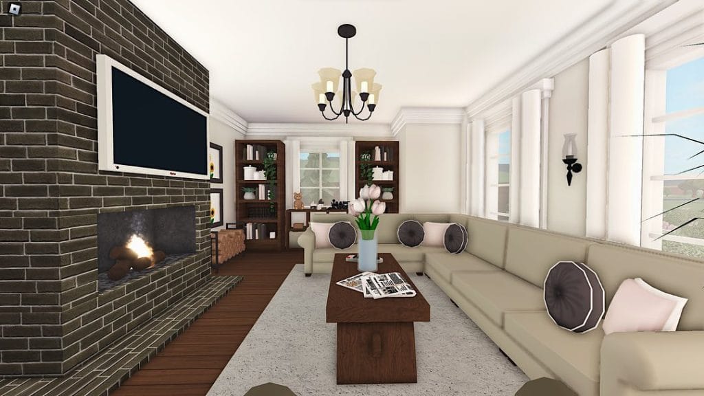 Cozy Bloxburg living room with sectional sofa, brick fireplace, and dark wood furniture.