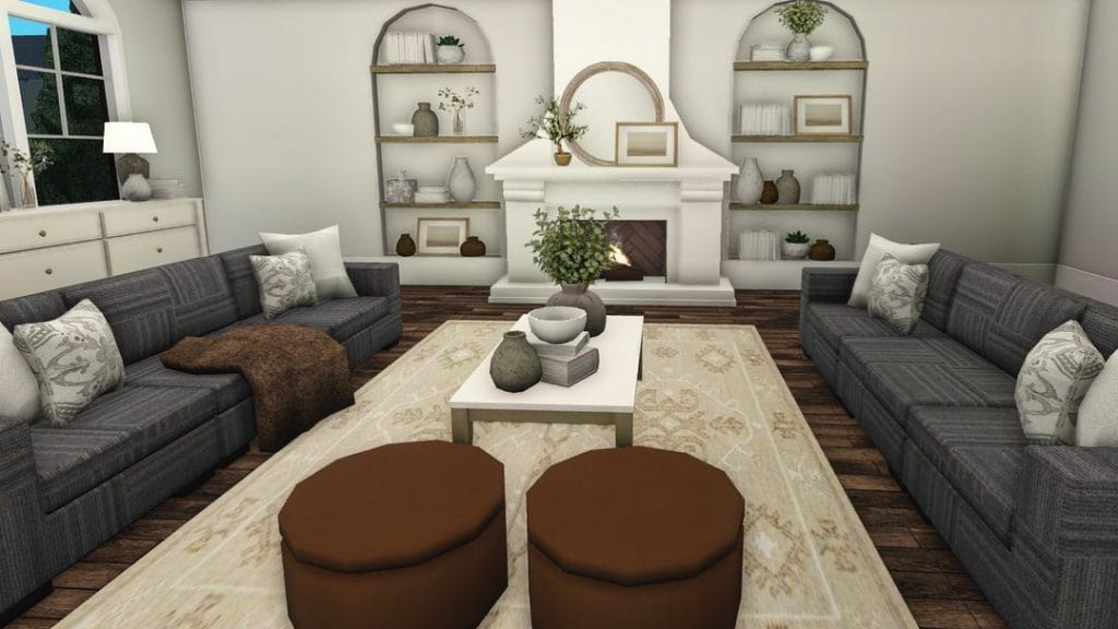 Realistic Bloxburg living room with two large sofas, white fireplace, and rustic decor.