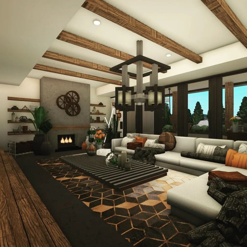 Modern farmhouse Bloxburg living room with exposed wood beams, large sectional, and cozy fireplace.