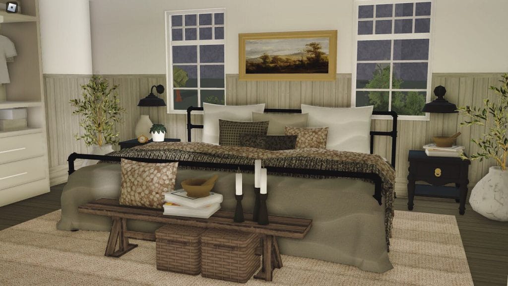 A cozy bedroom with a rustic-modern design, neutral colors, a comfortable bed with layered bedding, and natural decor accents.