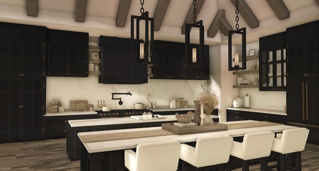 A sleek Bloxburg kitchen with black cabinetry, white countertops, and bold lighting fixtures.