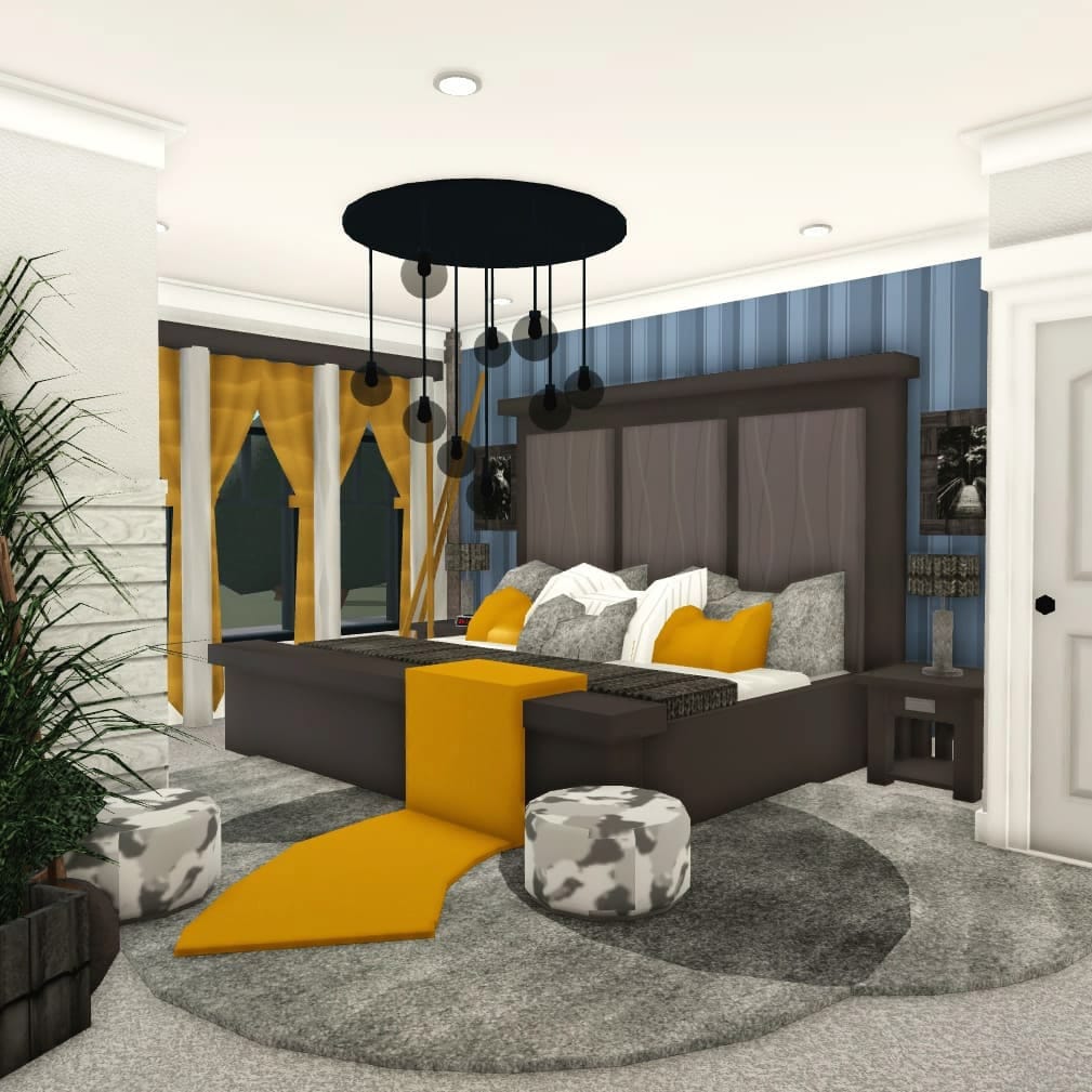 A bold bedroom with a blue and yellow color scheme, dark furniture, unique lighting, and modern decor.