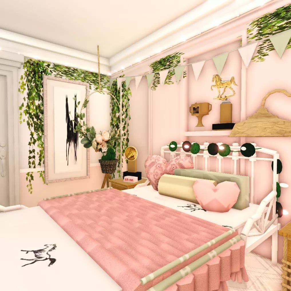 A feminine bedroom with blush pink accents, floral decor, a cozy bed, hanging plants, and bunting.