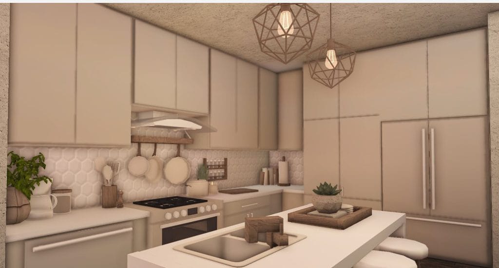 A minimalist Bloxburg kitchen with clean lines, neutral colors, and geometric lighting fixtures.