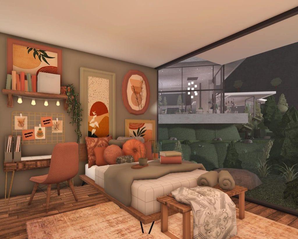 A boho mid-century modern bedroom with warm earthy tones, eclectic decor, a comfortable bed, and a chic workspace.