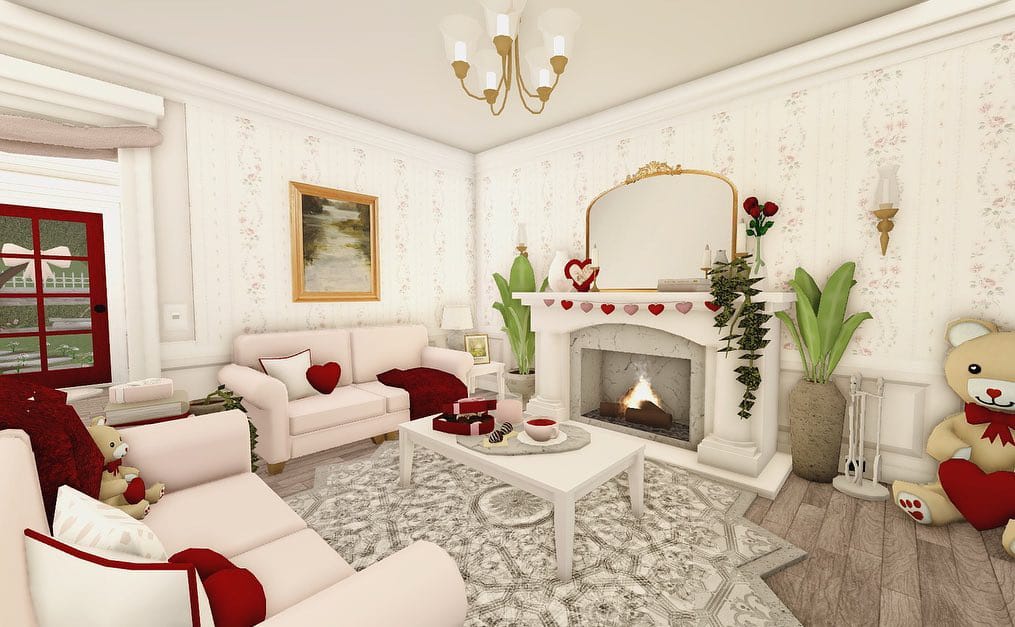 Valentine's Day-themed Bloxburg living room with heart decor, pastel colors, and cozy seating.