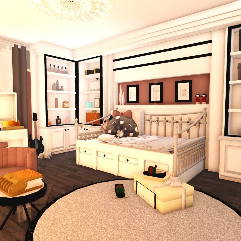 A luxurious teen bedroom with soft pinks, whites, neutral tones, a chic daybed, stylish shelving, and elegant decor.