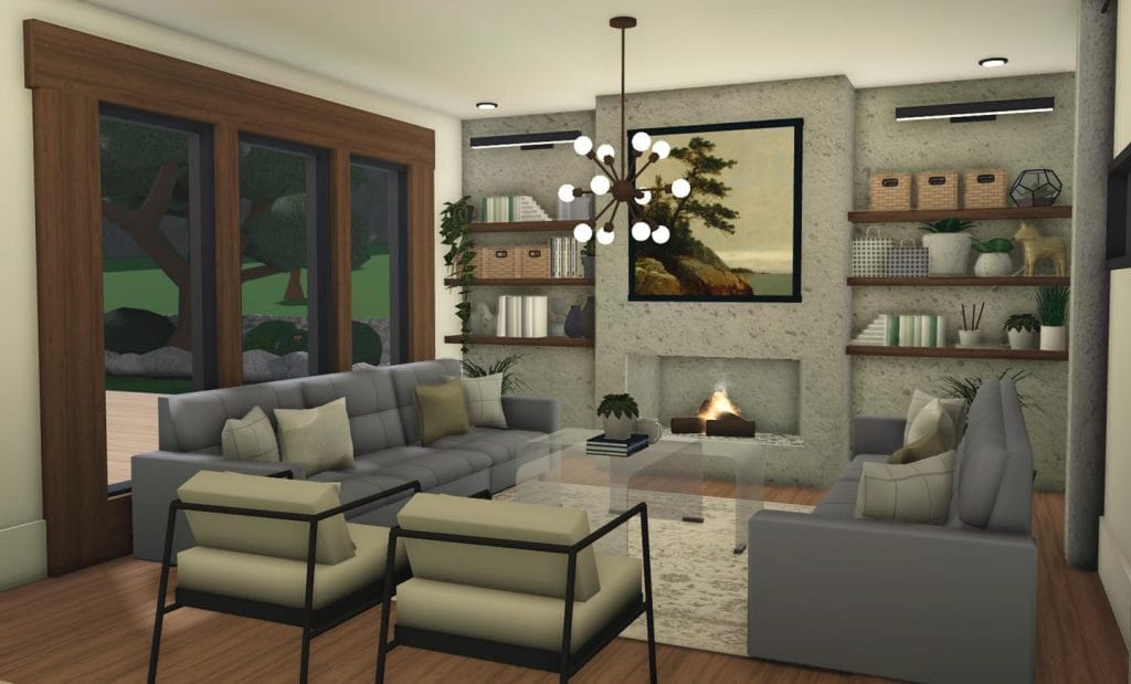 Modern Scandinavian Bloxburg living room with clean lines, light wood accents, and minimalistic decor. ​