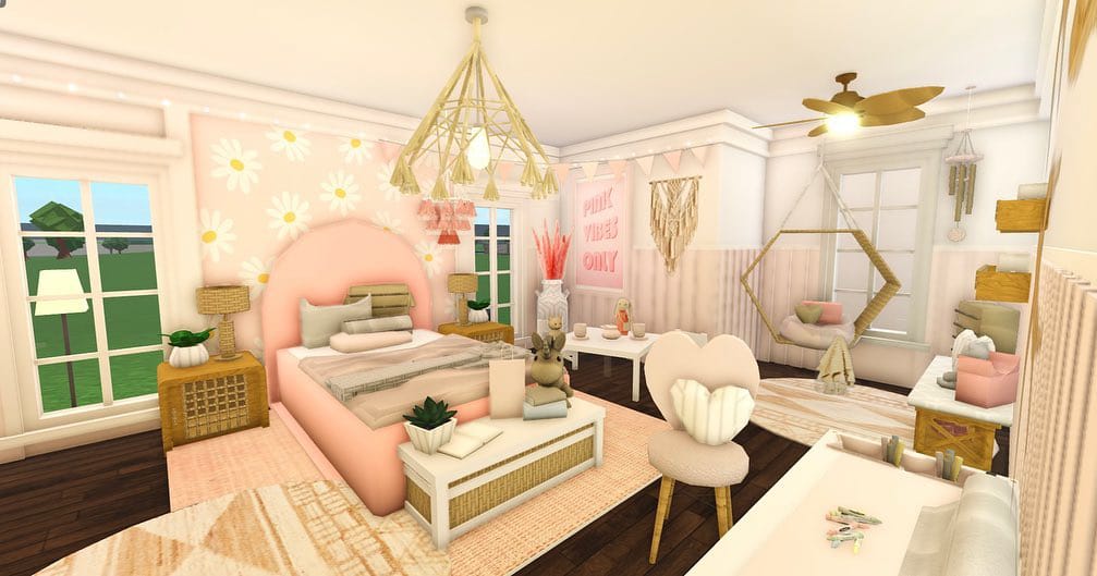 Aesthetic pink boho bedroom with a canopy bed, cozy seating area, and natural textures like wicker and wood.