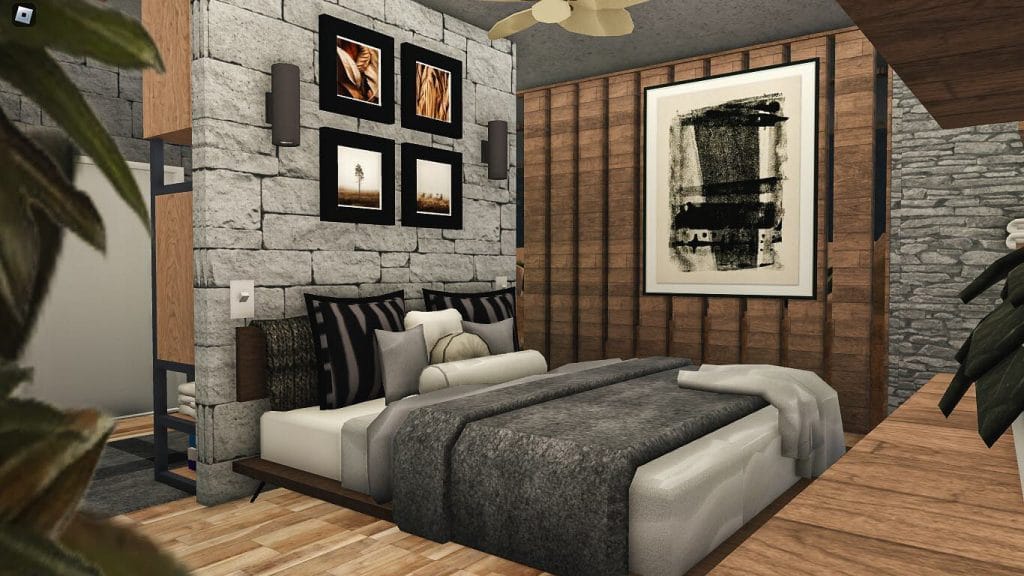 Modern bedroom with earthy tones, featuring stone and wood accents, a comfortable bed, and minimalist decor.