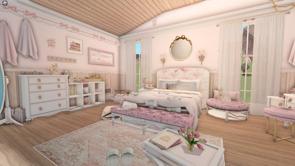 Dreamy bedroom with blush pinks and creams, featuring elegant furnishings and vintage-inspired decor.