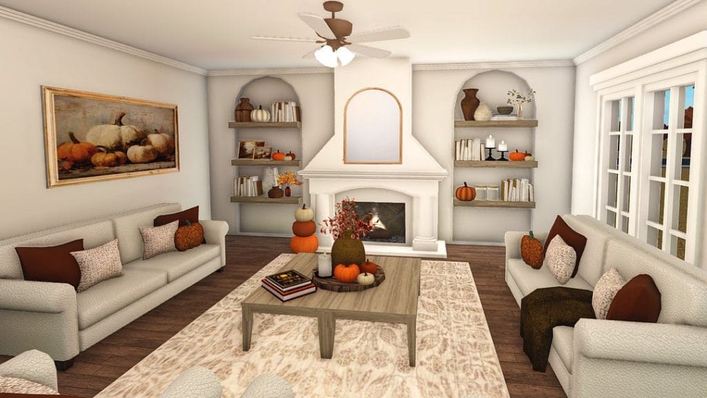 Fall-themed living room with cozy fireplace, pumpkin decor, and autumn colors.