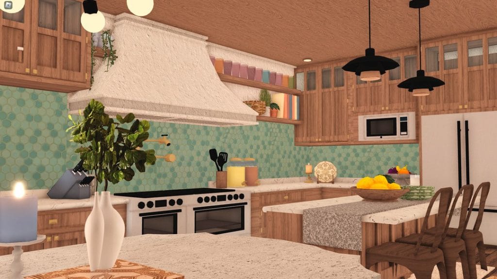 Tropical kitchen with natural wood elements and green accents.