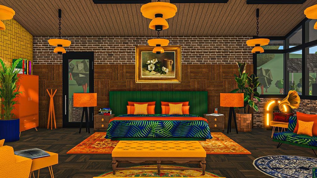 A mid-century modern bedroom with bold orange and green colors, brick wall, and unique lighting fixtures.