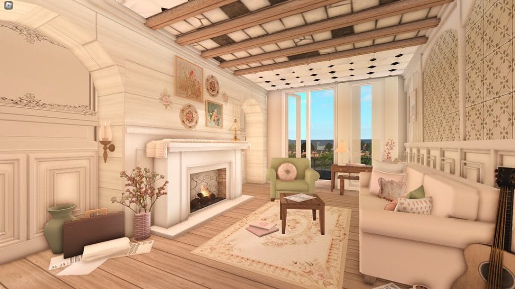 A luxurious living room in a dream apartment with pastel colors and vintage decor.